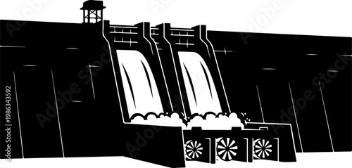 Black silhouette of dam with water flowing through spillways.