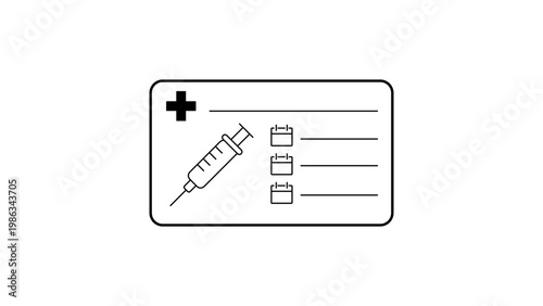 Minimalist Vaccination Record Card Vector Icon. Black line illustration on white background featuring a medical cross, syringe, and calendar icons for tracking immunization and health data.