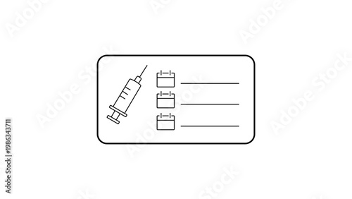Vaccination record card vector icon illustration featuring a medical syringe and calendar schedule symbols for tracking immunization doses, minimalist black line art on white background.