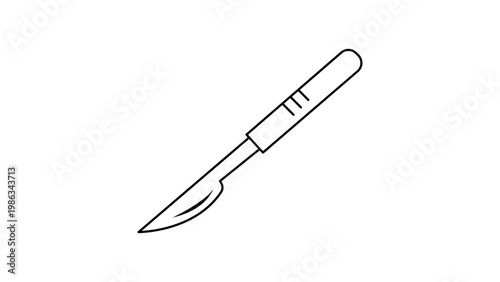 Minimalist black line vector icon of a surgical scalpel tool on a white background. This clean outline illustration represents medical surgery, healthcare equipment, and precision instruments.