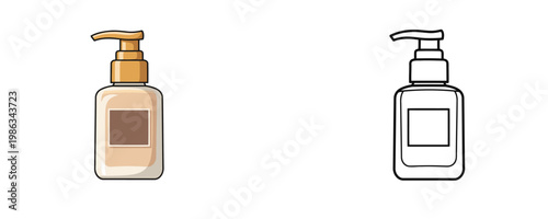 Foundation bottle in flat cartoon and black line style beige and gold colors represents makeup product for skin tone correction and beauty routine isolated on white background