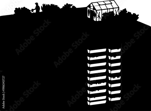 Illustration of garden greenhouse with seedling trays and person art.