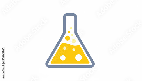Beaker flask chemistry icon with yellow liquid and floating dots for laboratory science education and experiments