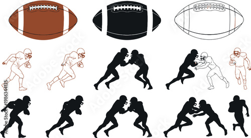 American Football Ball and Player Silhouette Set in Color, Outline, and Black Styles for Sports Team, League, and Athletic Graphic Design Projects