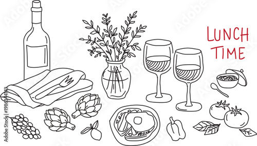Hand drawn served table with italian food illustration. Wine, charcuterie, pasta illustrations for party or wedding invitations, menus and kitchen prints.