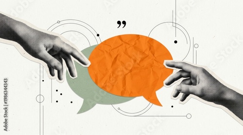 Trendy Halftone Collage with Hands holding two speech bubbles. Social media communication. Contemporary art. Empty space for quote, plan and idea. Halftone Hands, Orange Speech Bubble for Copy Space