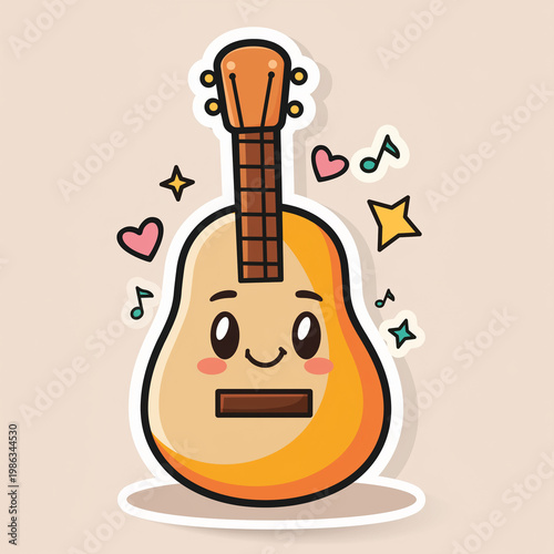 Adorable Kawaii Ukulele Cartoon Illustration Featuring a Sweet Smiling Face, Adorned with Playful Music Notes, Sparkling Stars, and Loving Hearts for Musical Themes