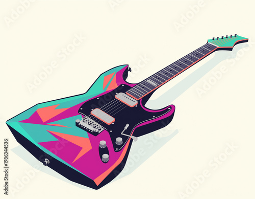 Striking Retro Electric Guitar Illustration Showcasing Vibrant Geometric Patterns, Evoking the Energetic Style of 80s and 90s Music and Art