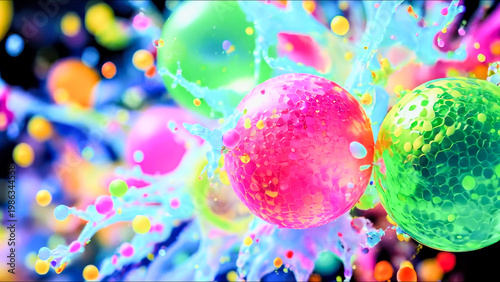 Vibrant abstract composition of colorful spheres bursting with liquid splashes, featuring neon hues and dynamic motion