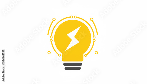 Light bulb icon with yellow circuitry ring and lightning bolt symbol for energy and innovation themes