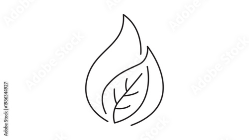 Biomass Energy Vector Icon: Minimalist Black Line Illustration of a Flame and Leaf on White Background, Representing Sustainable Renewable Green Power, Eco-Friendly Fuel, and Bioenergy Concept.