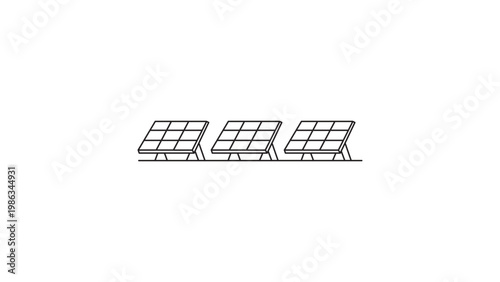 Minimalist black line vector icon of a solar farm with three solar panels on a white background. Hand-drawn outline illustration representing renewable energy and sustainable power technology.