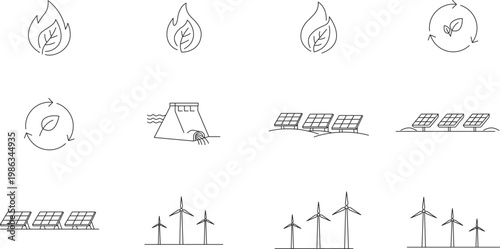 Minimalist Renewable Energy Vector Icon Set: 12 Hand-Drawn Black Line Icons Featuring Solar Panels, Wind Turbines, Biomass, Hydropower Dam, and Composting for Sustainable Green Power Concepts.
