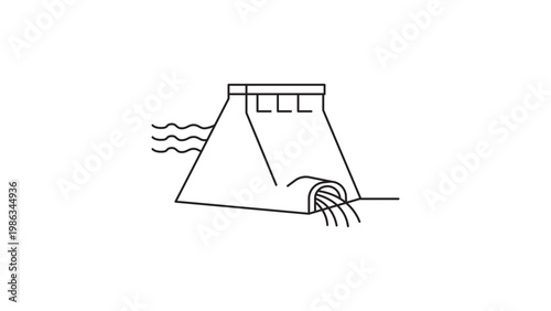 Minimalist black line vector icon of a hydropower dam on a white background. This clean outline illustration shows a cross-section of a hydroelectric power station with water flow and energy