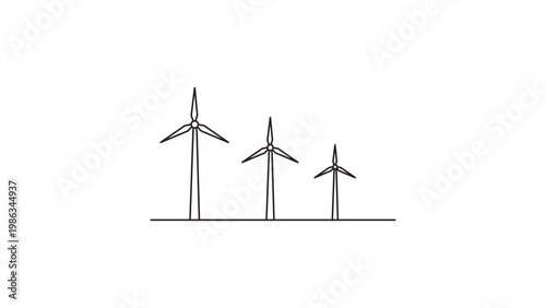 Minimalist black line vector icon illustration of three wind turbines on a white background, representing clean renewable energy, sustainability, and eco-friendly power generation solutions.