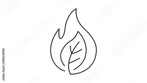 Biomass energy minimalist black line vector icon illustration on a white background, featuring a flame shape with a leaf inside to represent renewable fuel, eco-friendly power, and green heat.