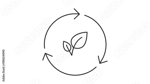 Composting cycle and recycling symbol with leaves, minimalist black line vector icon illustration on white background, representing sustainability, organic waste management, and green living.