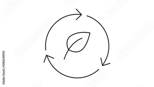 Minimalist black line vector icon of a composting cycle with three circular arrows surrounding a leaf, representing sustainability, recycling, and organic waste management on a white background.