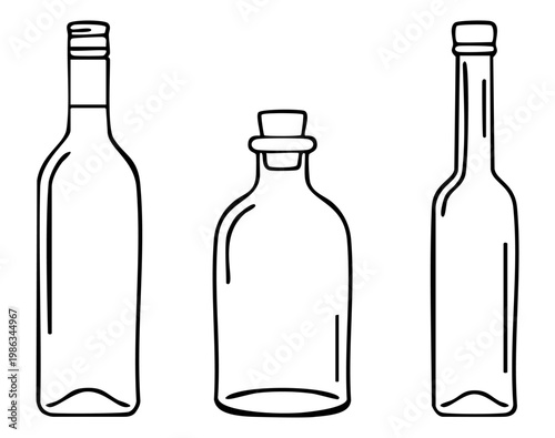 Three bottles of wine or water. Bottle glass stand upright on a studio background. Black ink outlines define contours and create a minimalist mood.