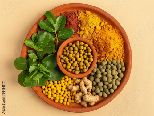Symmetrical Ayurvedic flat lay on a clay plate featuring herbal pills, turmeric powder, fresh ginger root, and green leaves. Top view of holistic healing ingredients and supplements