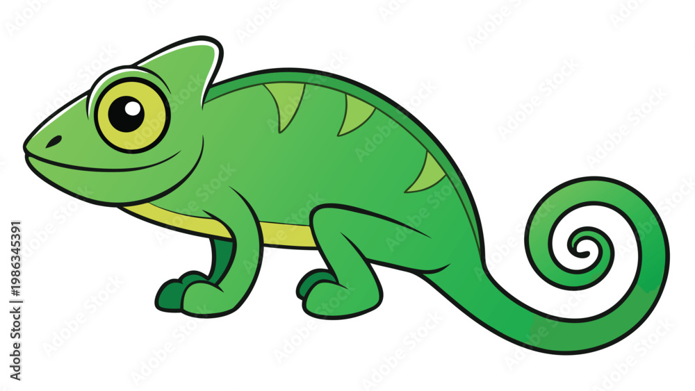 Fototapeta premium A colorful cartoon chameleon with a bright green body and yellow belly sitting on a flat surface with a curious expression and detailed markings on its skin creating a playful and engaging character.