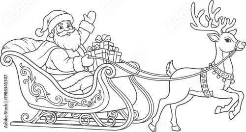 Outline Santa Claus Riding Sleigh with Reindeer and Gift Boxes for Christmas Coloring Page, Holiday Greeting Card, and Festive Decoration Graphic Design Projects