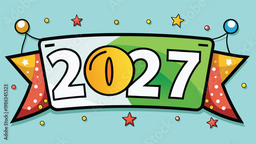 A colorful and festive illustration celebrating the arrival of the year 2027 with vibrant decorative elements and a cheerful design suitable for New Year's festivities and event promotions
