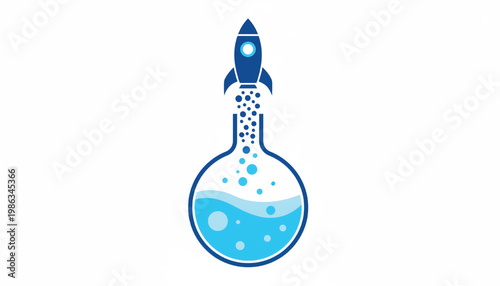 Rocket laboratory flask icon with blue liquid, bubbles, and science elements for educational and tech design projects