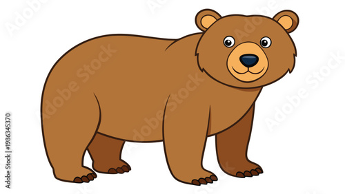 A cute cartoon bear with a friendly appearance standing with its paws on the ground in a colorful, simple illustration style perfect for children's books or educational materials