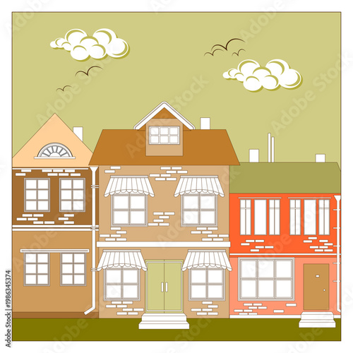  Graphic stylized image of a city street. The old part of the city. Vector illustration