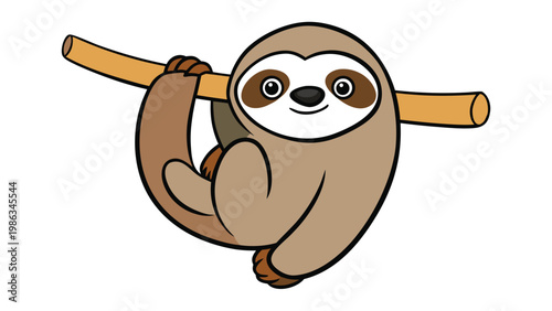 A cute cartoon sloth with big expressive eyes hanging from a tree branch in a friendly and adorable style designed to appeal to children and animal lovers