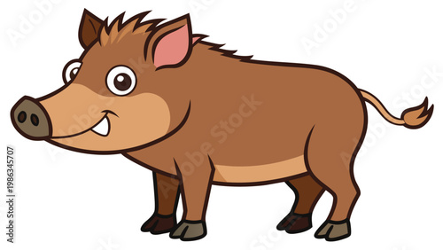 A cartoon illustration of a friendly and cheerful wild boar with a smiling face standing on a plain white background