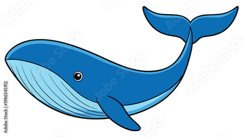 A cartoon illustration of a large blue whale swimming in the ocean with a smiling face and a friendly appearance suitable for children or educational materials