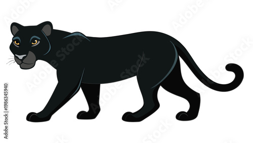 A sleek black panther with piercing yellow eyes walking through a lush green forest during daylight creating a striking scene of nature and wildlife.