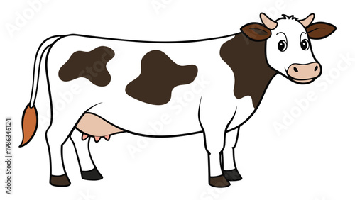 A cute cartoon drawing of a black and white dairy cow standing on a white background with a gentle expression