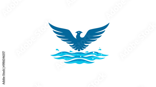 Stylized blue bird with outstretched wings soaring above abstract water waves. Freedom, strength, and nature concept graphic icon.