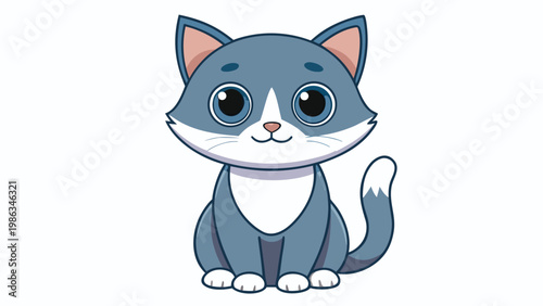 A cute animated gray and white cat with big expressive eyes sitting with a friendly and curious expression on a plain background