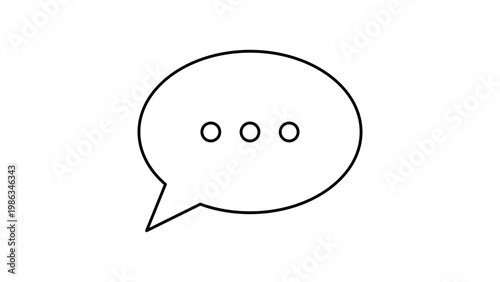 Minimalist black line vector icon of a rounded speech bubble with an ellipsis, representing live chat, messaging, and communication, isolated on a white background for web and app interface design.