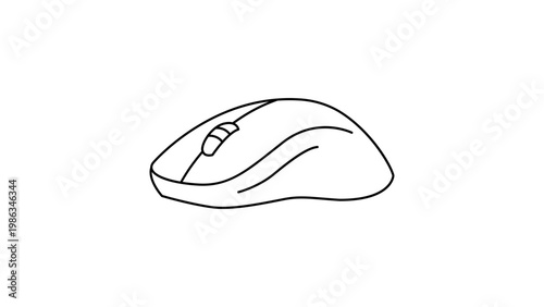 Minimalist black line vector icon of an ergonomic computer mouse. Hand-drawn outline illustration of a wireless optical mouse side profile for technology, office, and gaming hardware design.