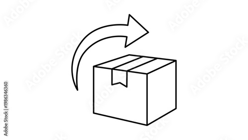 Minimalist black line vector icon illustration of a cardboard box with a curved arrow, representing return policy, shipping, delivery, logistics, and e-commerce services on a white background.