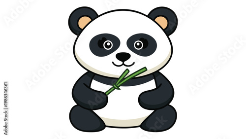 A cute cartoon panda bear sitting down and holding a pair of green bamboo stalks in its paws with a friendly expression on its face in a colorful and playful illustration