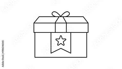 Subscription box minimalist black line vector icon illustration of a gift package with a ribbon and star tag, isolated on white background for e-commerce, delivery, and branding design projects.