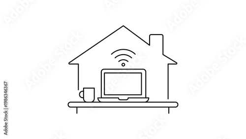 Minimalist black line vector icon illustration of a home office setup with a laptop, coffee mug, and wifi symbol inside a house outline, representing remote work and telecommuting concepts.
