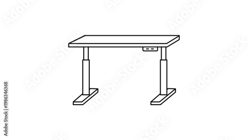 Standing Desk Vector Icon: A minimalist black line illustration of a height-adjustable sit-stand workstation on a white background, perfect for office furniture and ergonomic design projects.