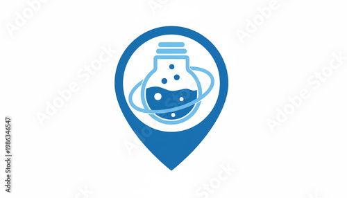 Chemical flask icon inside a blue location pin with flowing molecular shapes and scientific vector style