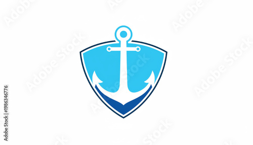 Anchor ship maritime emblem icon with blue shield and crossbar line style for nautical branding featuring logo, seafaring, sailing with harbor and