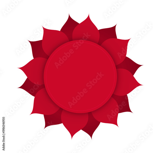 Layered red lotus flower badge with circular center, elegant floral mandala frame and decorative blank label in modern vector style isolated on light background