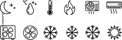 Collection of weather and climate control moon, stars, droplet, thermometer, flame, fans, snowflakes, sun