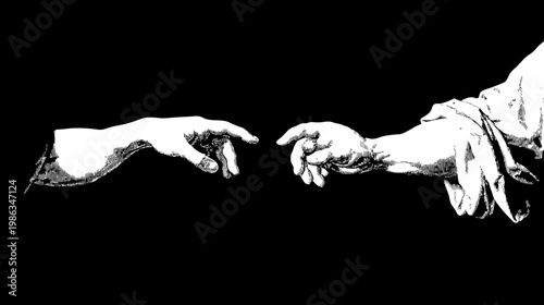 Stylized illustration of two human hands reaching out to connect on a dark background, symbolizing unity, creation, and communication.