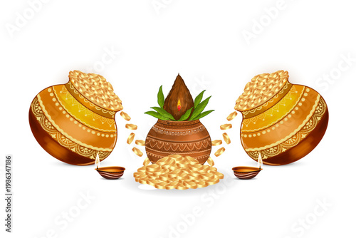 Ornate golden prosperity pots with spilling coins, central kalash, coconut, and leaves, festive wealth and abundance composition in detailed decorative vector style on light background